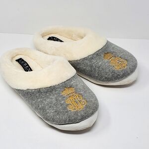 Lauren Ralph Lauren grey/white initial and crown logo foam slippers Used gently